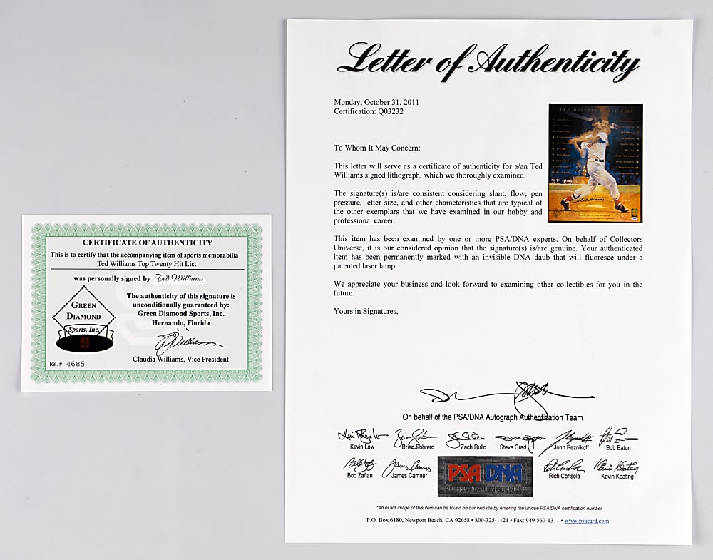 Ted Williams Signed Matted Lithograph - Full PSA LOA & Green Diamond COA