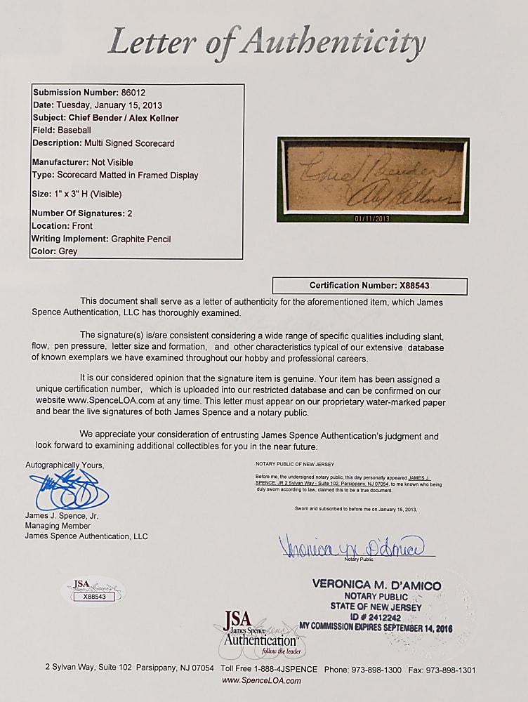 Chief Bender & Alex Kellner Dual-Signed Scorecard in Framed Display - Full JSA LOA