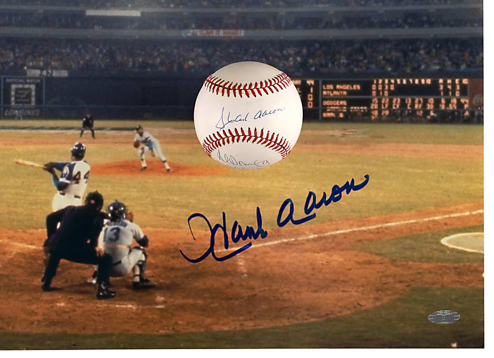 Hank Aaron Signed Trio with Bat, 16x20 Home Run #715 Photograph & Aaron/Al Downing Dual-Signed Baseball with Downing HR #715 Inscription - Each Individually Certified