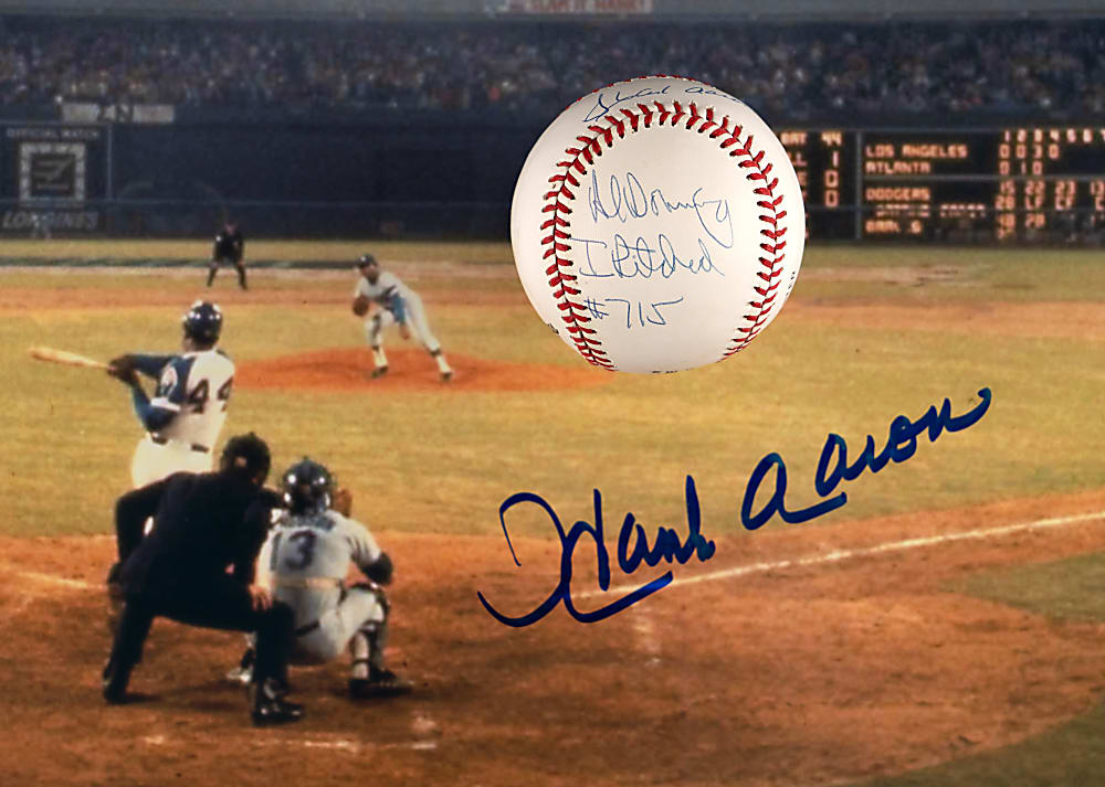 Hank Aaron Signed Trio with Bat, 16x20 Home Run #715 Photograph & Aaron/Al Downing Dual-Signed Baseball with Downing HR #715 Inscription - Each Individually Certified