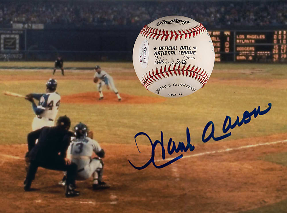 Hank Aaron Signed Trio with Bat, 16x20 Home Run #715 Photograph & Aaron/Al Downing Dual-Signed Baseball with Downing HR #715 Inscription - Each Individually Certified
