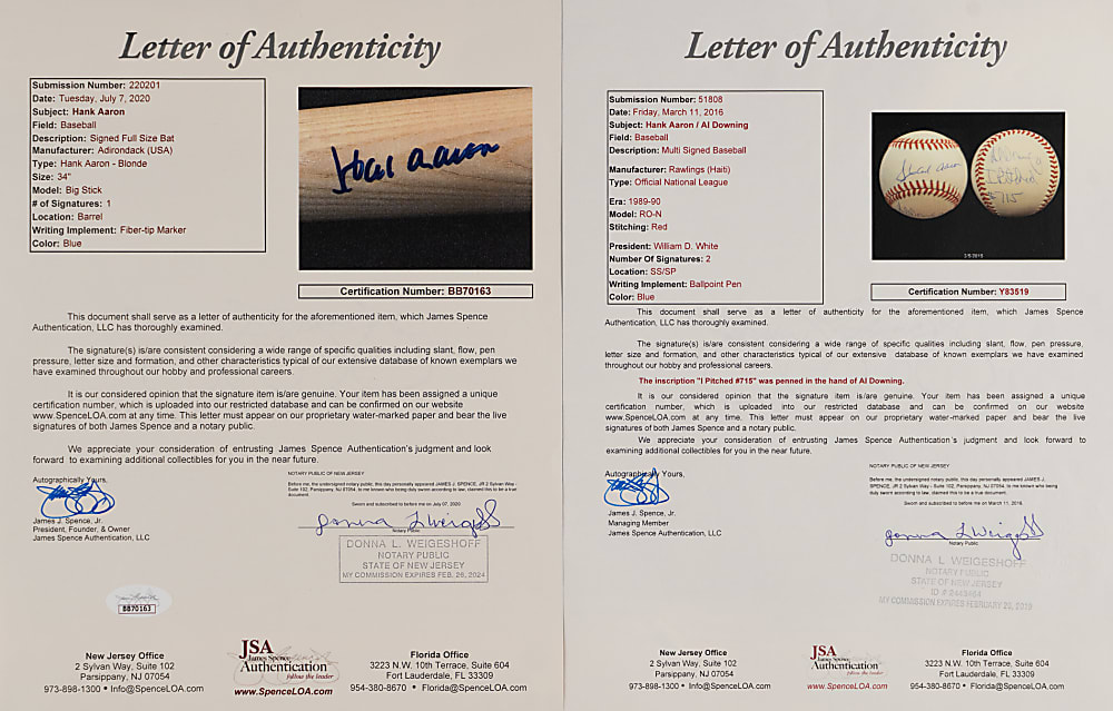 Hank Aaron Signed Trio with Bat, 16x20 Home Run #715 Photograph & Aaron/Al Downing Dual-Signed Baseball with Downing HR #715 Inscription - Each Individually Certified