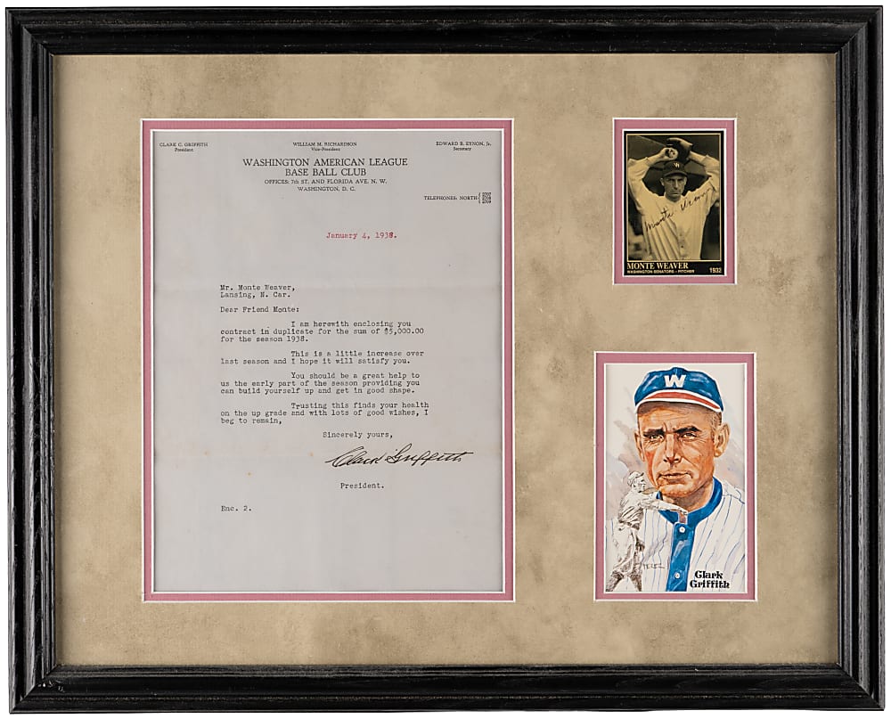 Washington Senators Framed Display with 1938 Clark Griffith Typed Letter Signed to Monte Weaver & Weaver Signed Trading Card - Full JSA LOA