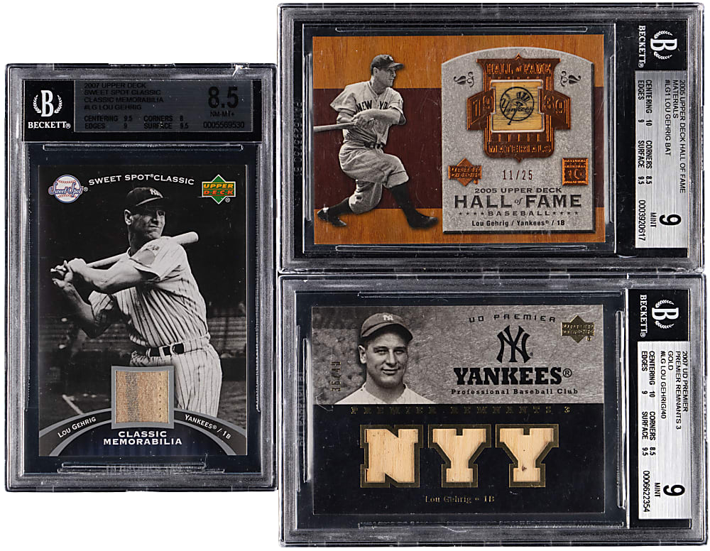 2005-2007 Upper Deck Product Lou Gehrig Game-Used Trio - All BGS NM-MT+ 8.5 or MINT 9