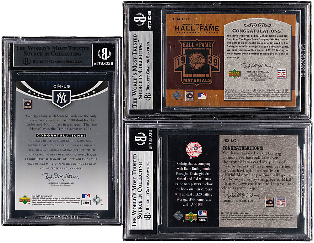 2005-2007 Upper Deck Product Lou Gehrig Game-Used Trio - All BGS NM-MT+ 8.5 or MINT 9