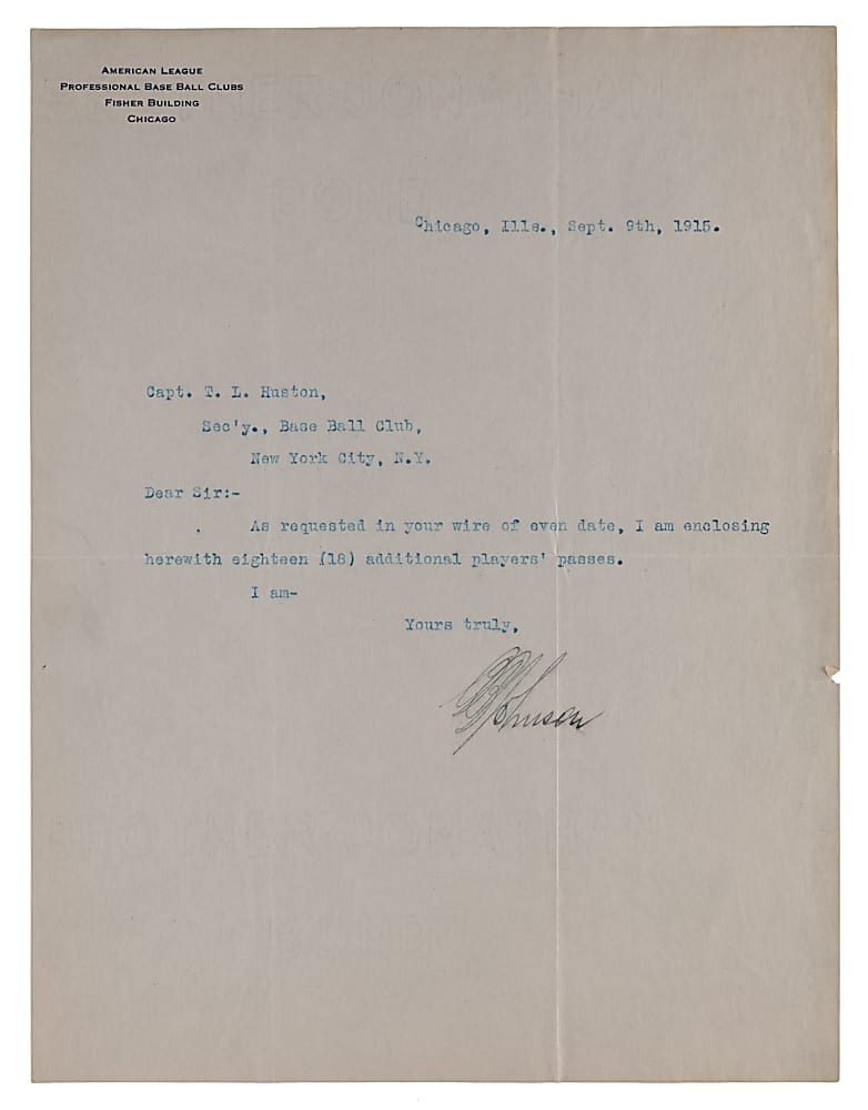 1915 Ban Johnson Signed Letter to Yankees Owner T. L. Huston on American League Letterhead - Full JSA LOA