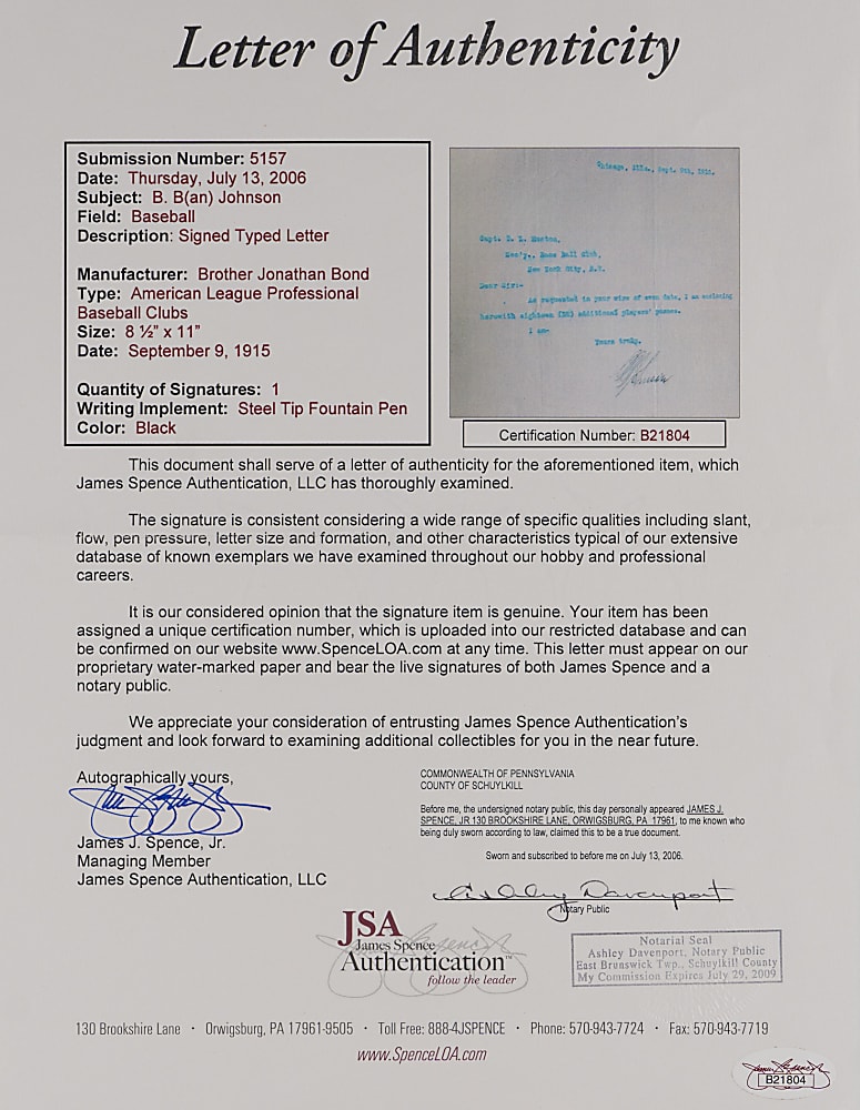 1915 Ban Johnson Signed Letter to Yankees Owner T. L. Huston on American League Letterhead - Full JSA LOA