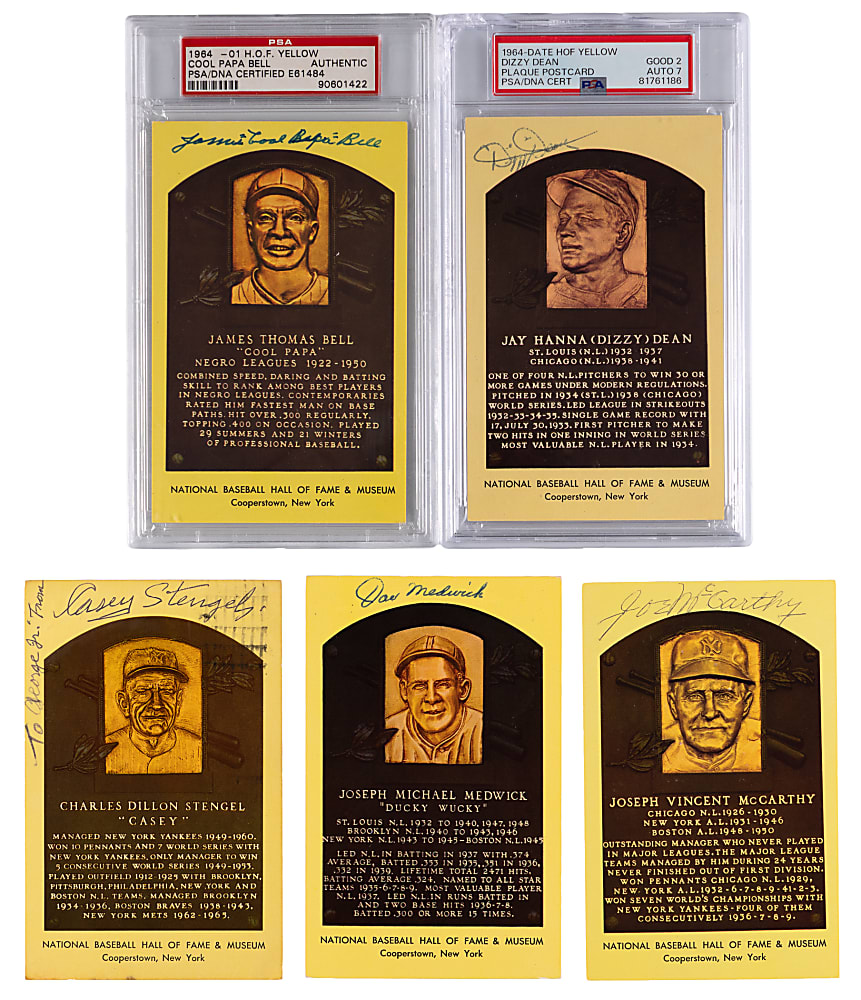 Signed Yellow Hall of Fame Postcards (5) with Tough Dizzy Dean & Casey Stengel Twice-Signed - Each Individually Certified
