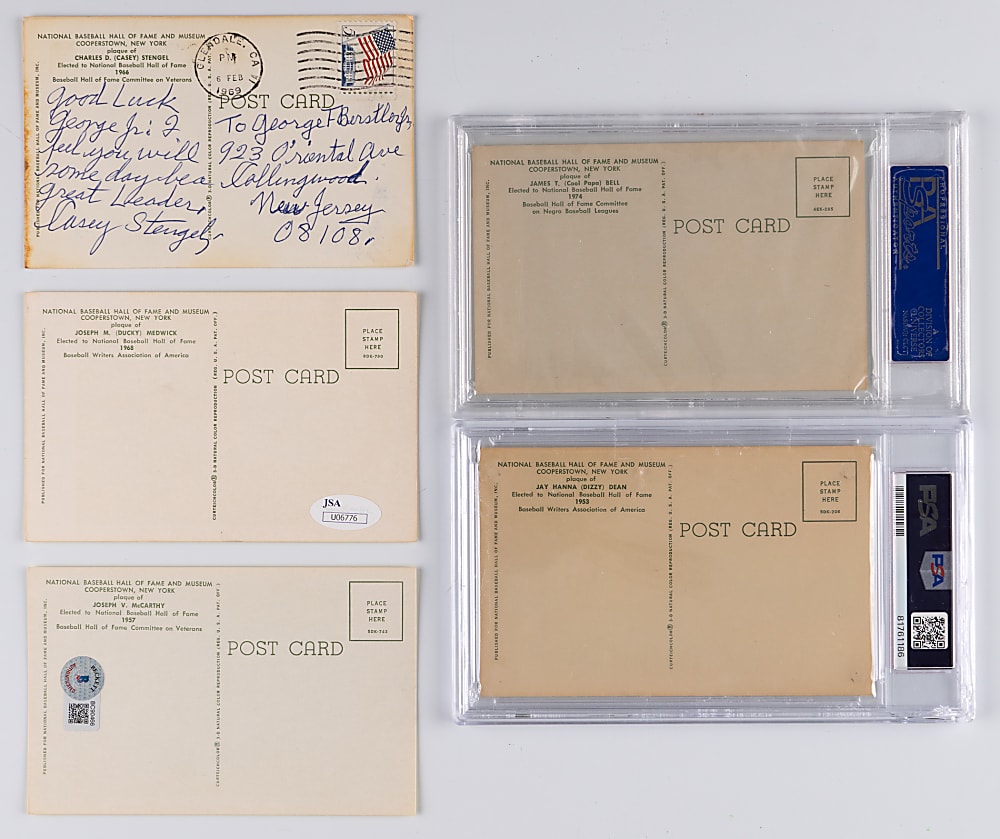 Signed Yellow Hall of Fame Postcards (5) with Tough Dizzy Dean & Casey Stengel Twice-Signed - Each Individually Certified
