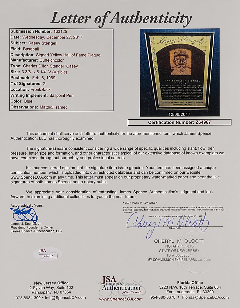 Signed Yellow Hall of Fame Postcards (5) with Tough Dizzy Dean & Casey Stengel Twice-Signed - Each Individually Certified