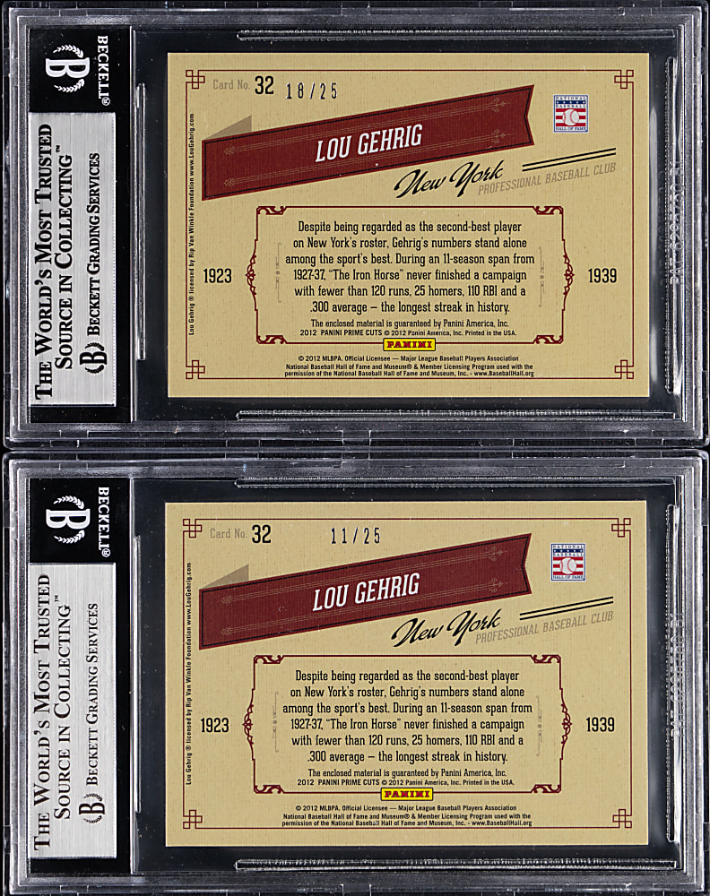 2012 Playoff Prime Cuts Timeline Materials Lou Gehrig BGS MINT 9 Graded Pair - Both #/25