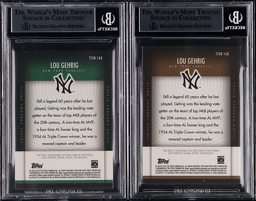 2012 Topps Triple Threads Unity Relics #168 Lou Gehrig BGS MINT 9 Graded Pair - Both #/18 or Lesser