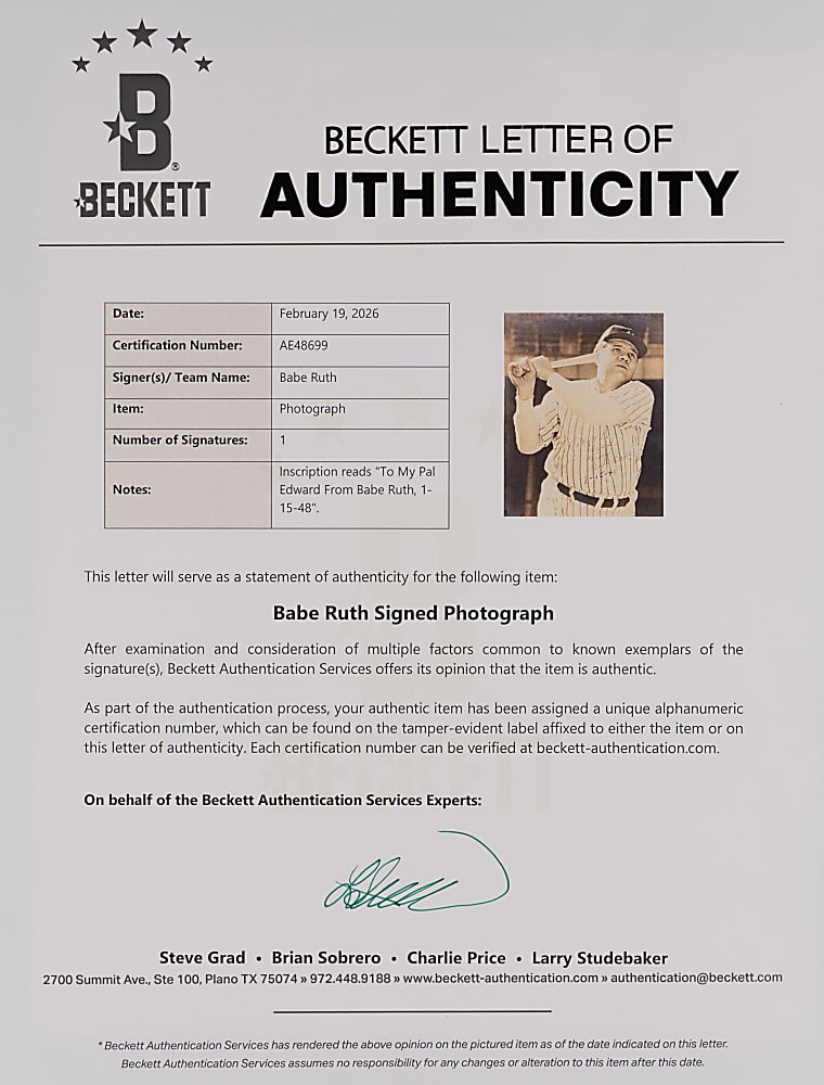 1948 Babe Ruth Signed Original Matte Photograph - Full Beckett