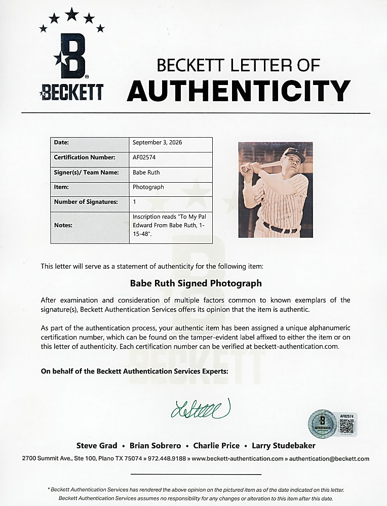 1948 Babe Ruth Signed Original Matte Photograph - Full Beckett