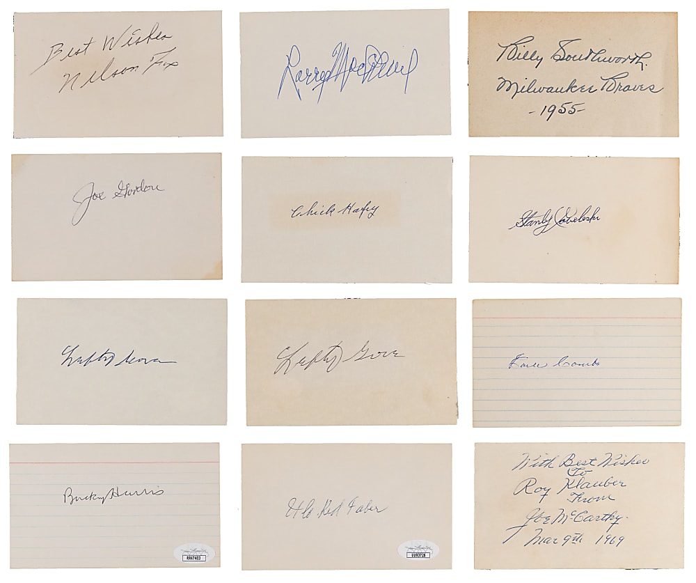 Hall of Famer Signed Index Card Collection (12) with Billy Southworth, Joe McCarthy & Nellie Fox