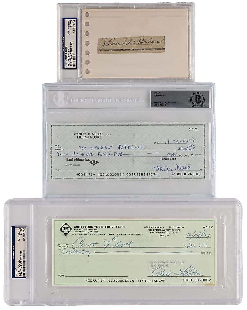 Hall of Famer/Star Signed Checks (3) with Home Run Baker, Stan Musial & Curt Flood - Each Individually Certified