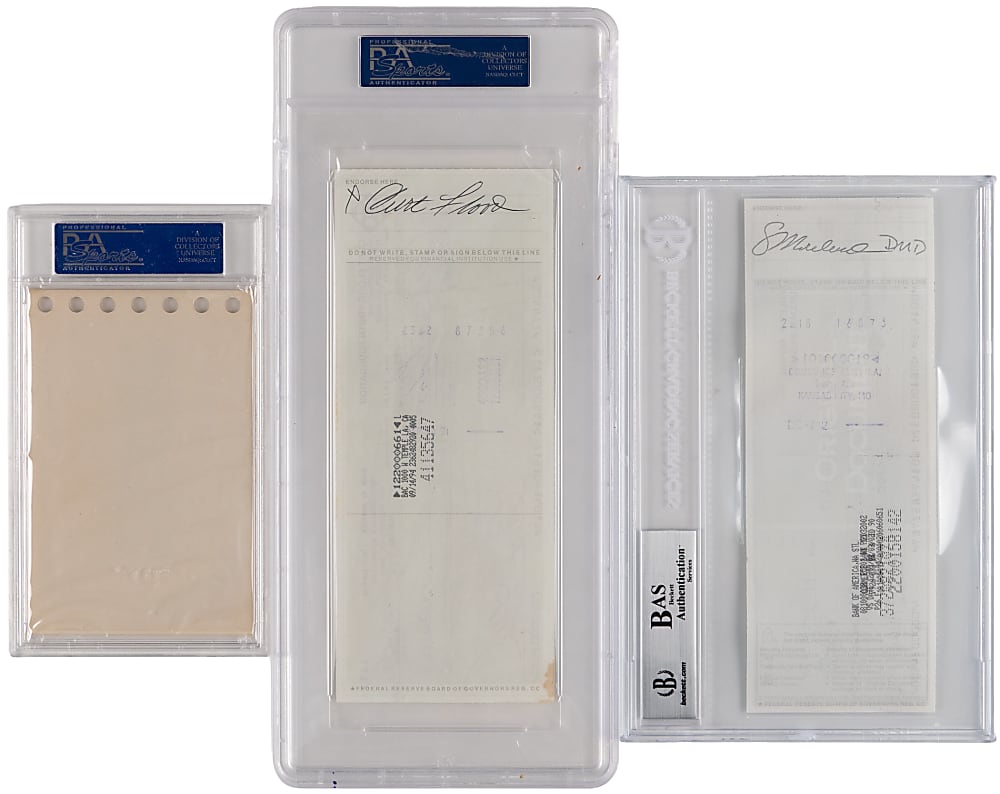 Hall of Famer/Star Signed Checks (3) with Home Run Baker, Stan Musial & Curt Flood - Each Individually Certified