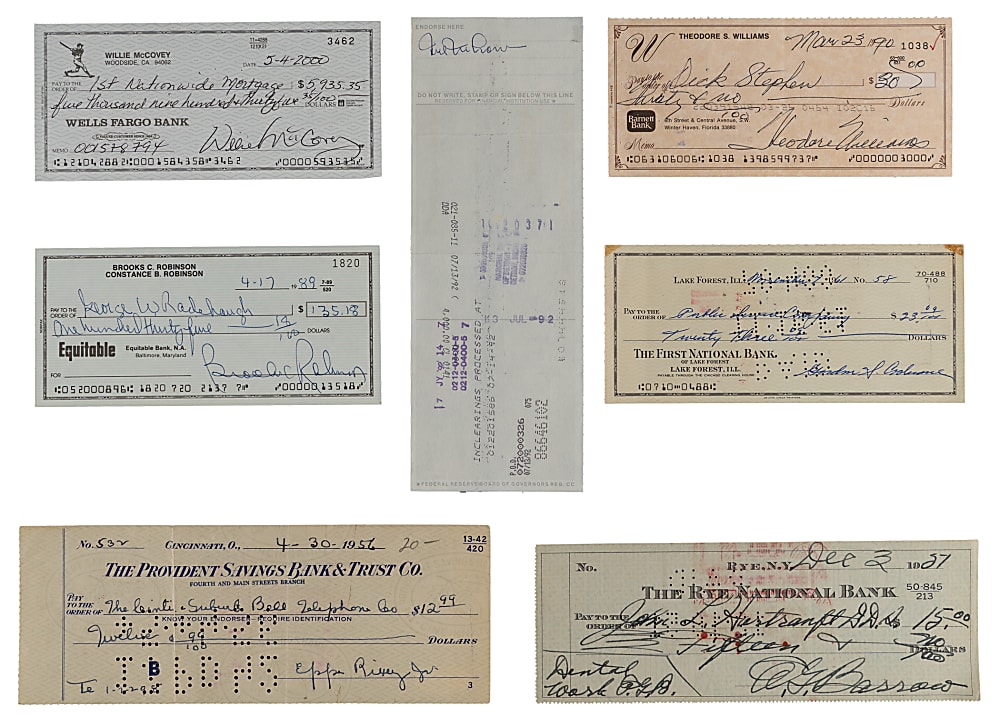 Hall of Famer Signed Checks (7) with Ed Barrow, Eppa Rixey & Ted Williams