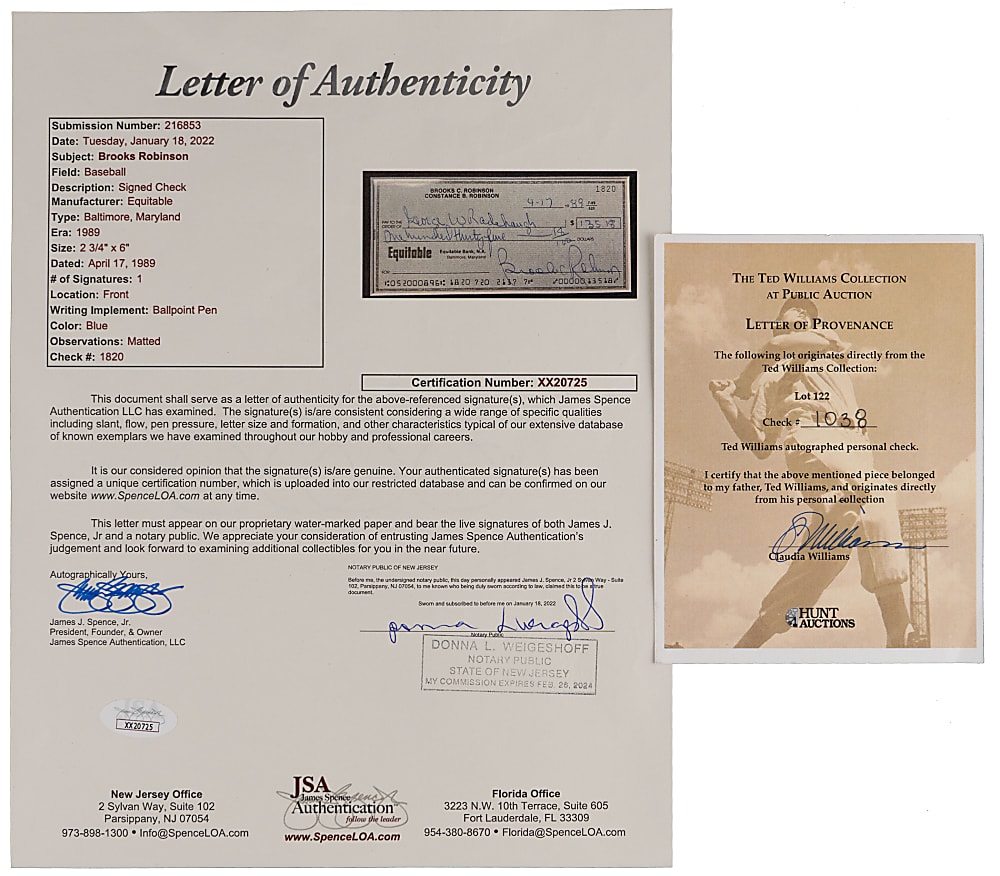 Hall of Famer Signed Checks (7) with Ed Barrow, Eppa Rixey & Ted Williams