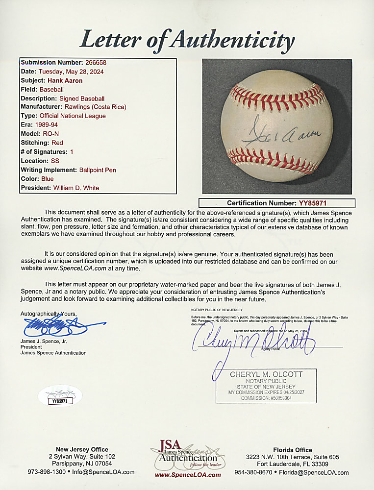 Hank Aaron, Kirby Puckett & Mark McGwire Single-Signed Baseball Trio - Each with Full JSA LOA