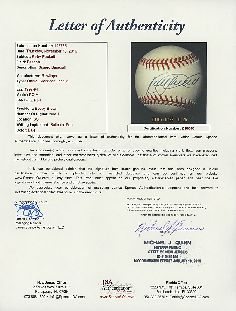 Hank Aaron, Kirby Puckett & Mark McGwire Single-Signed Baseball Trio - Each with Full JSA LOA