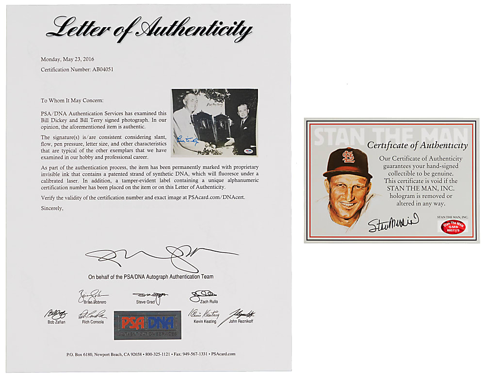 Hall of Fame Signed Photographs (8) with Bill Dickey/Bill Terry Dual-Signed