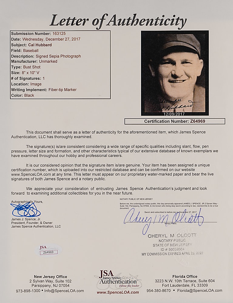 Cal Hubbard Signed Photograph with Full JSA