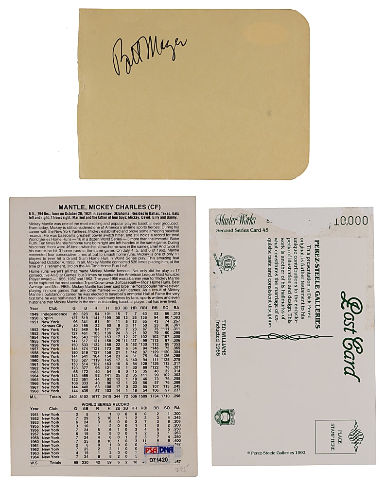 Joe DiMaggio, Ted Williams & Mickey Mantle Signed Flat Trio - Each with Individual LOA