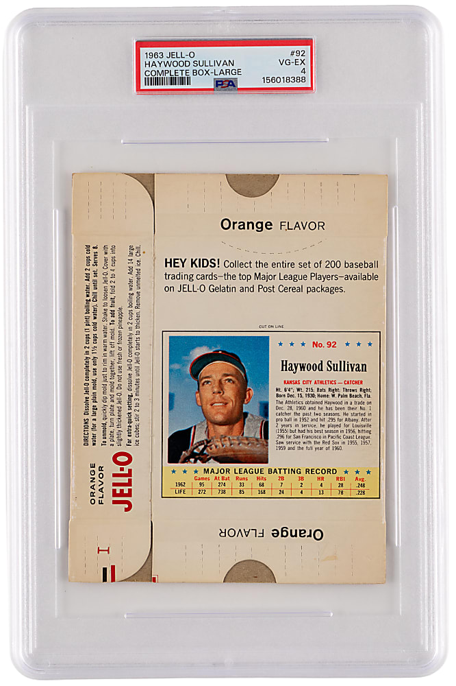 1963 Jell-O Complete Box Shortprint #92 Haywood Sullivan PSA VG-EX 4 - Only Graded!