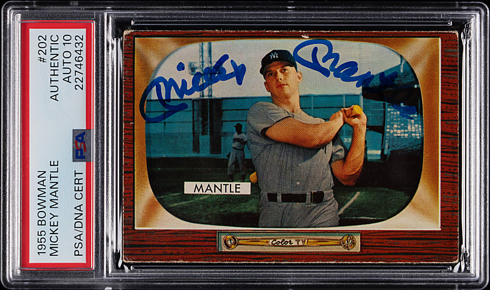 Signed 1955 Bowman #202 Mickey Mantle PSA/DNA Auto Grade 10!
