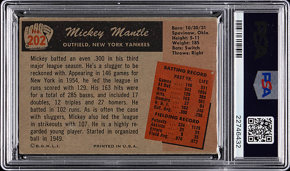 Signed 1955 Bowman #202 Mickey Mantle PSA/DNA Auto Grade 10!