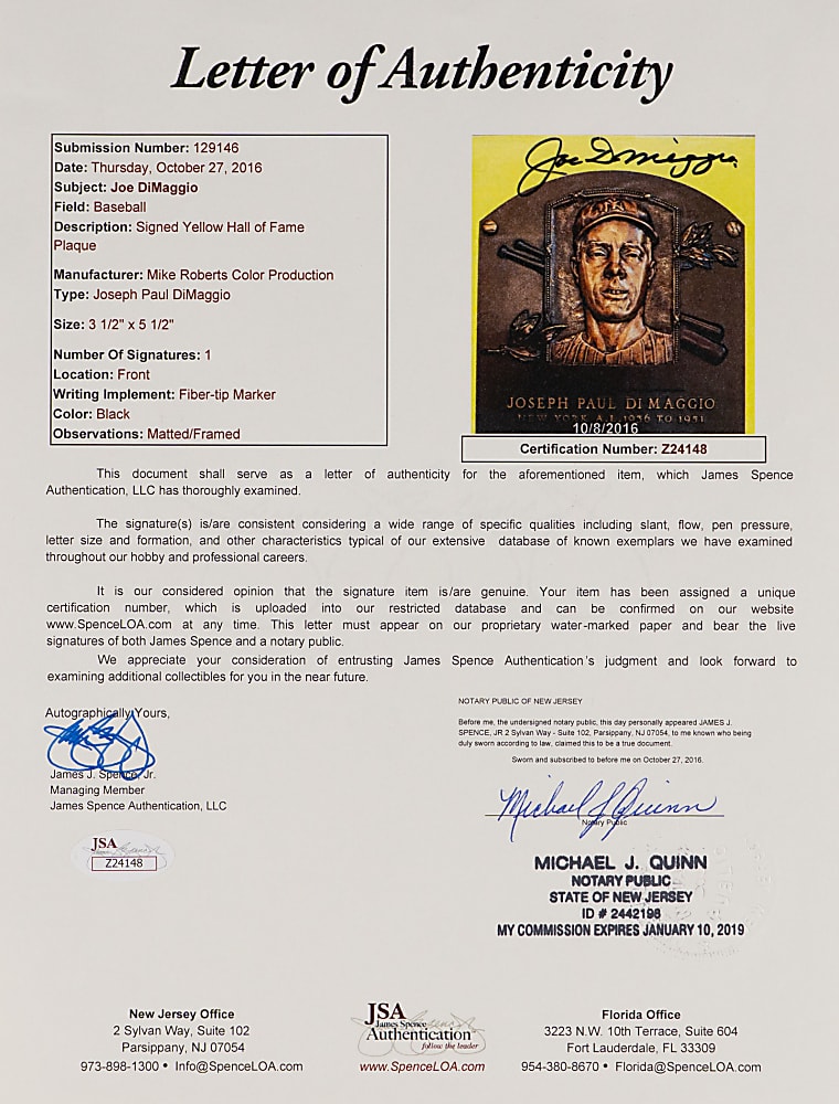 Joe DiMaggio & Mickey Mantle Signed Yellow Hall of Fame Postcard Pair - Both Certified