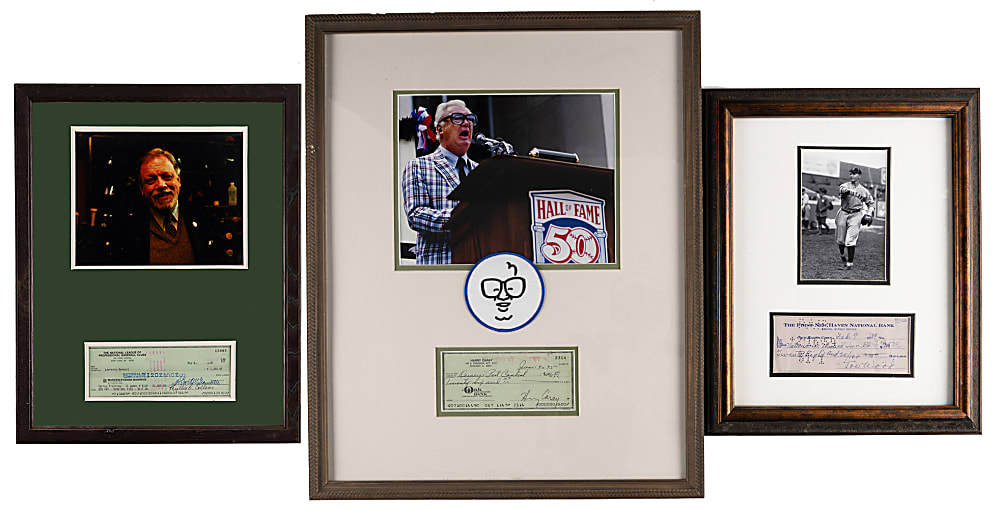 Smoky Joe Wood, Bart Giamatti & Harry Caray Signed & Framed Check Trio