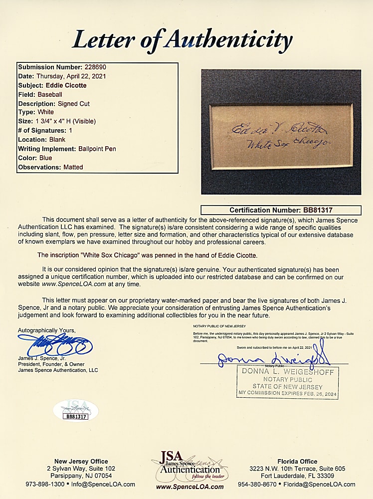 Eddie Cicotte Signed and Inscribed Index Card in Matted Display - Full JSA LOA