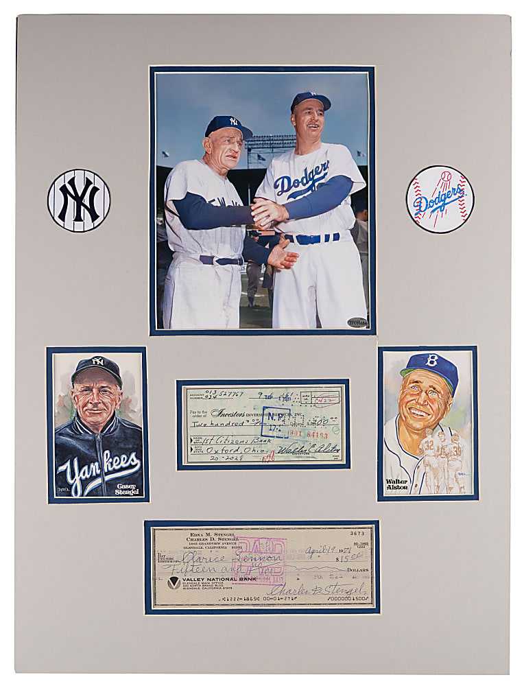 Walt Alston & Casey Stengel Signed Check Matted Display
