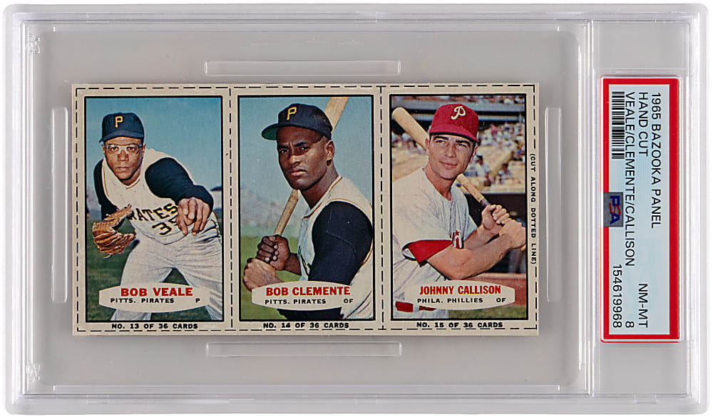 1965 Bazooka Panel Bob Veale/Roberto Clemente/Johnny Callison Hand Cut PSA NM-MT 8