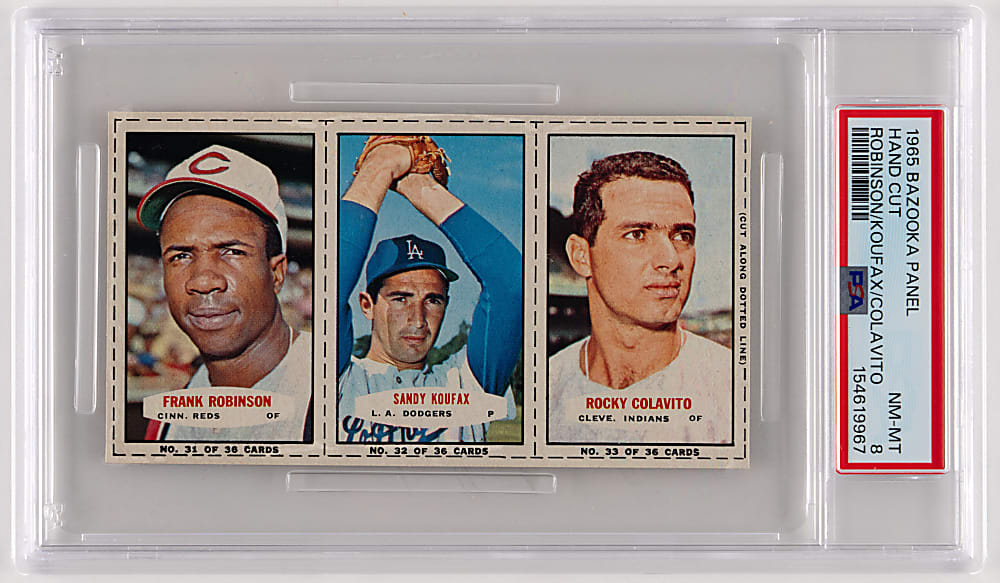 1965 Bazooka Panel Frank Robinson/Sandy Koufax/Rocky Colavito Hand Cut PSA NM-MT 8