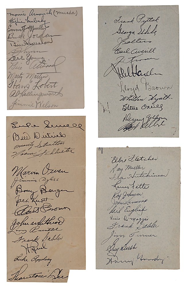 1937 & 1938 MLB Team-Signed Sheets (4) with (50) Total Signatures Including Rookie Era Bob Feller, Vince DiMaggio & Many Early Deceased