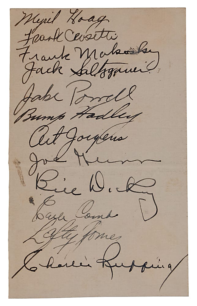 1937 World Champion New York Yankees Team-Signed Sheet with (12) Signatures Including Dickey, Combs, Ruffing & Gomez