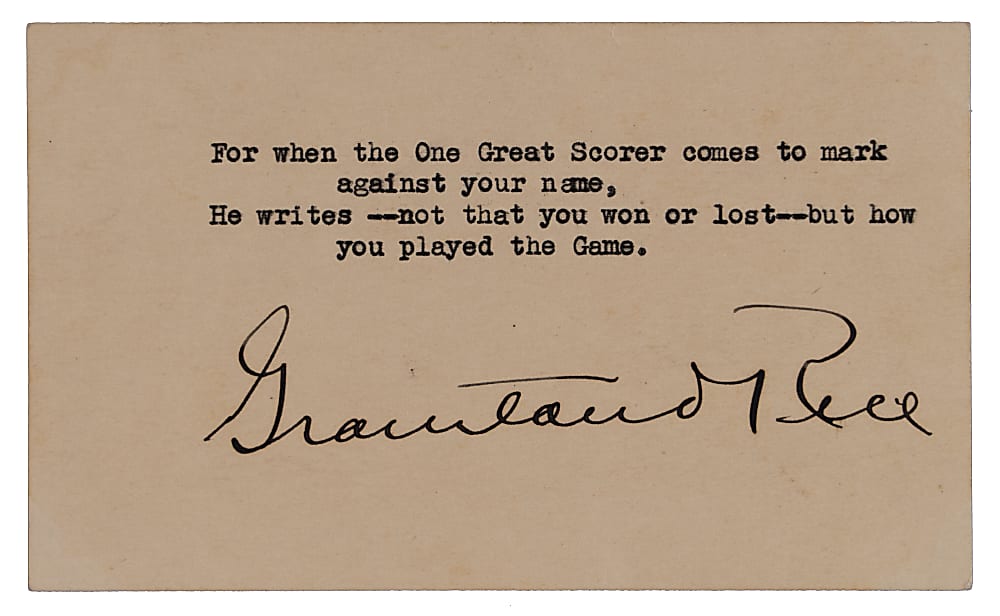 Grantland Rice Boldly Signed Index Card with Typewritten Famous Quotation