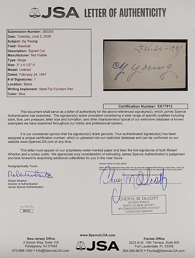 1947 Cy Young Signed & Dated Cut with Full JSA LOA