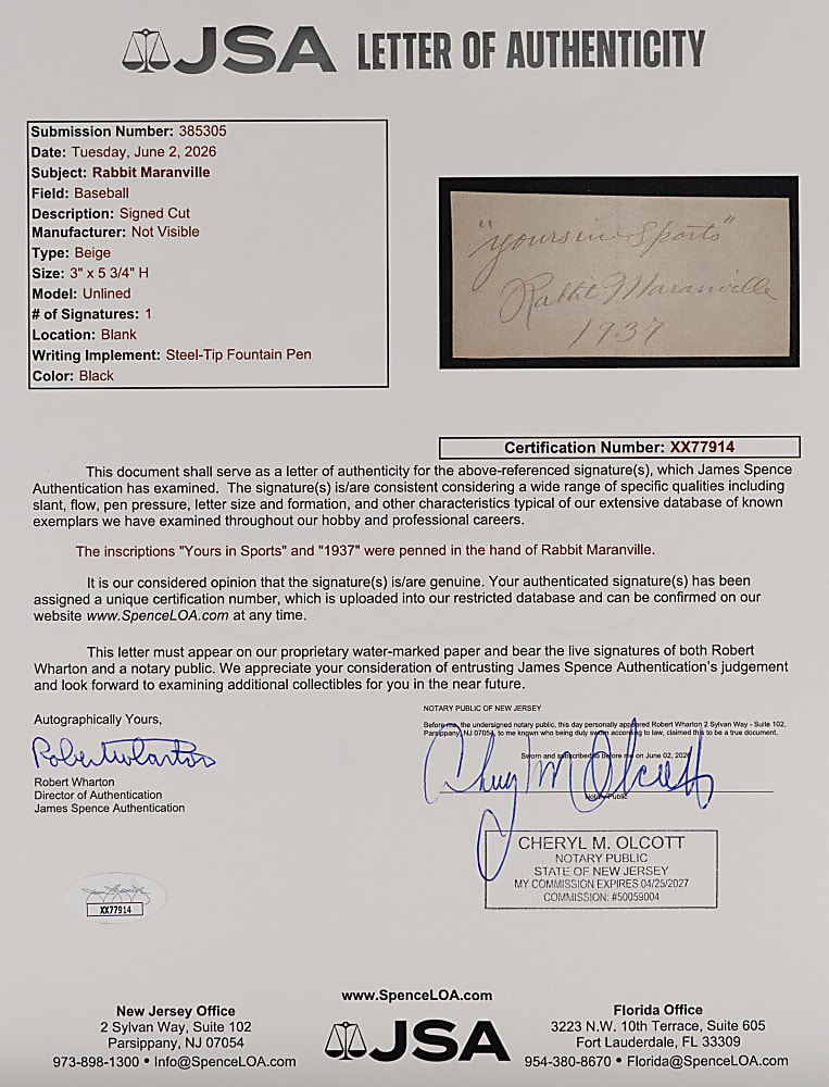1937 Rabbit Maranville Large Cut Signature with Date/Inscription - Full JSA LOA