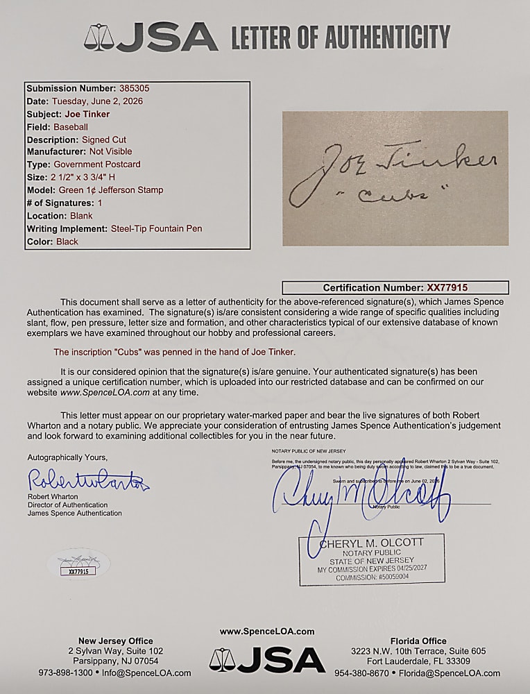 Joe Tinker Signed Cut with "Cubs" Inscription Plus Full JSA LOA