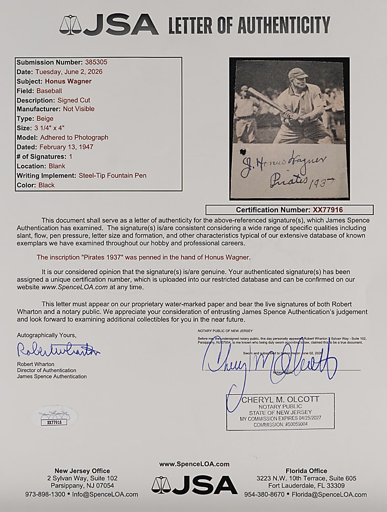Honus Wagner Signed & Dated Photograph Cut with "Pirates" Inscription Plus Full JSA