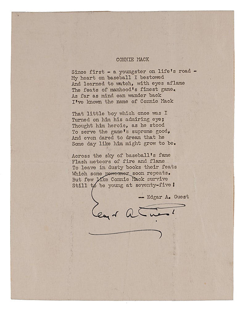 Edward A. Guest (d.1955) Original Typewritten Signed "Connie Mack" Poem