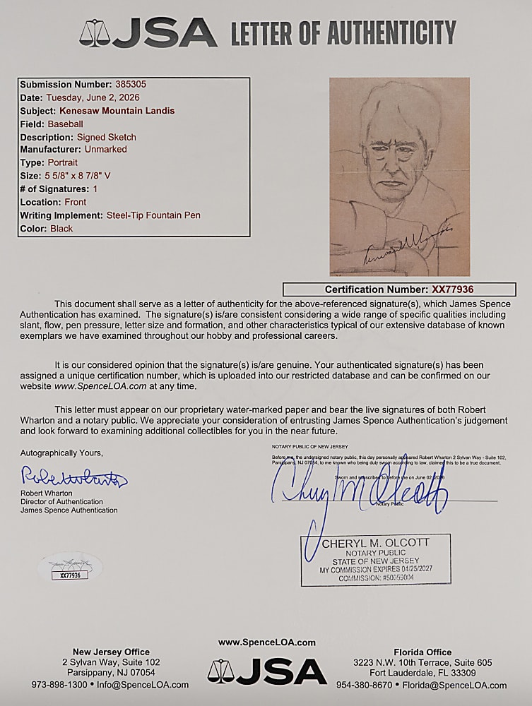 Kenesaw Mountain Landis Signed Original Sketch - Full JSA LOA