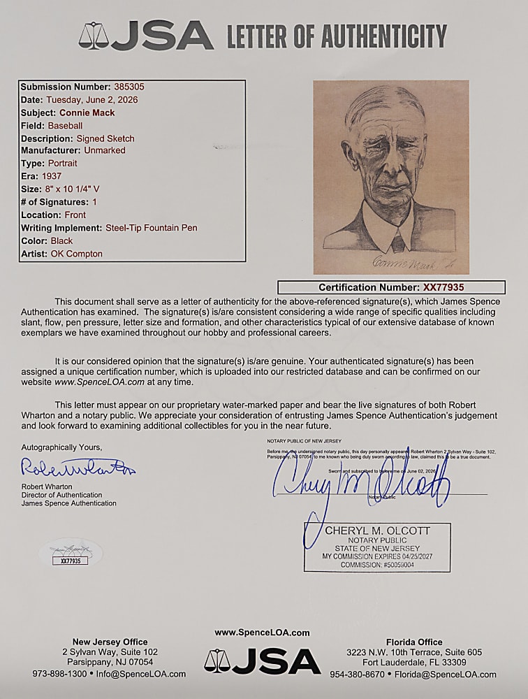 1937 Connie Mack Signed Original Sketch with Full JSA
