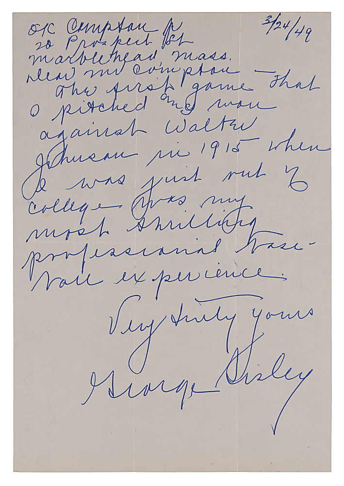 George Sisler 1949 "Most Thrilling Experience" Handwritten Signed Letter with 1915 Walter Johnson Content