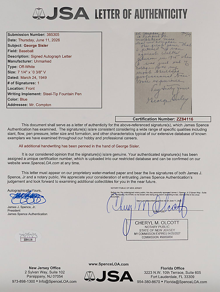 George Sisler 1949 "Most Thrilling Experience" Handwritten Signed Letter with 1915 Walter Johnson Content