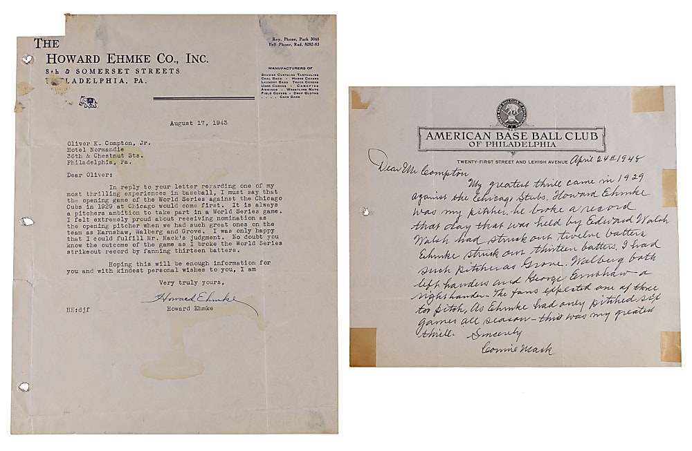 Connie Mack & Howard Ehmke "Most Thrilling Experience" Signed Letter Pair with 1929 World Series 13-Strikeout Record Content